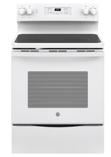 GE® 30" Free Standing 5 Burner Glass Top Electric Range - White