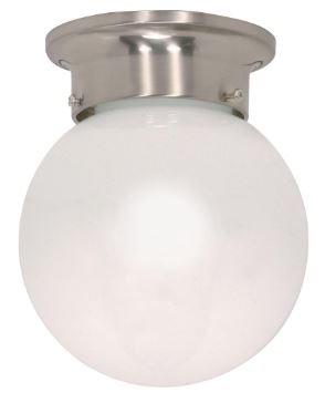 6" Flush Mount 1 Bulb Ball Ceiling Fixture with White Glass - Satin Nickel