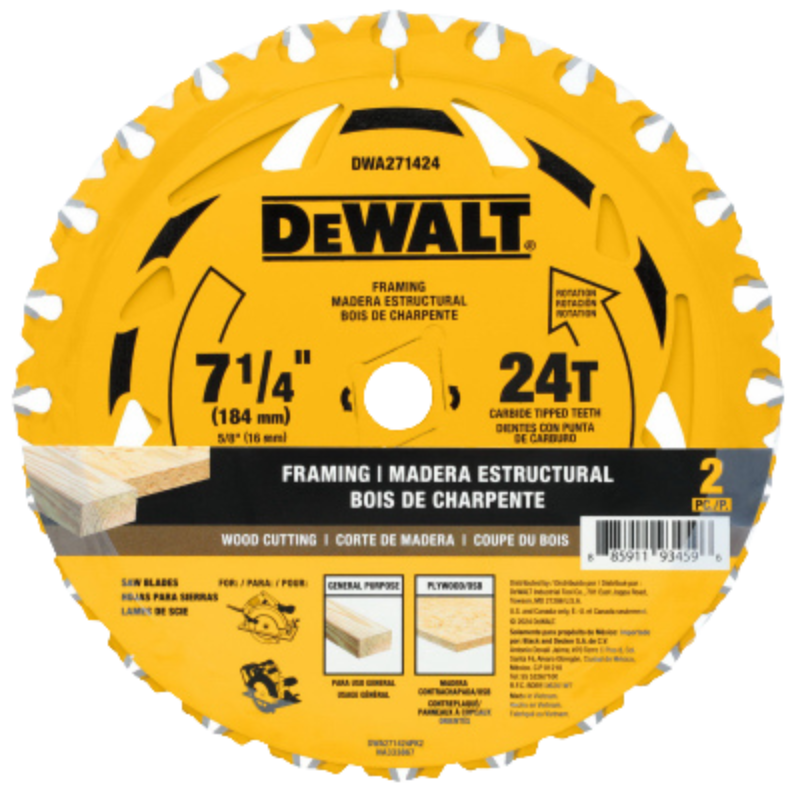 7-1/4" DeWalt 24TPI Carbide Tipped Circular Saw Blade - 2/pack