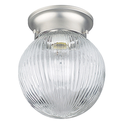 6" Flush Mount 1 Bulb Ball Ceiling Fixture with Clear Ribbed Glass - Satin Nickel