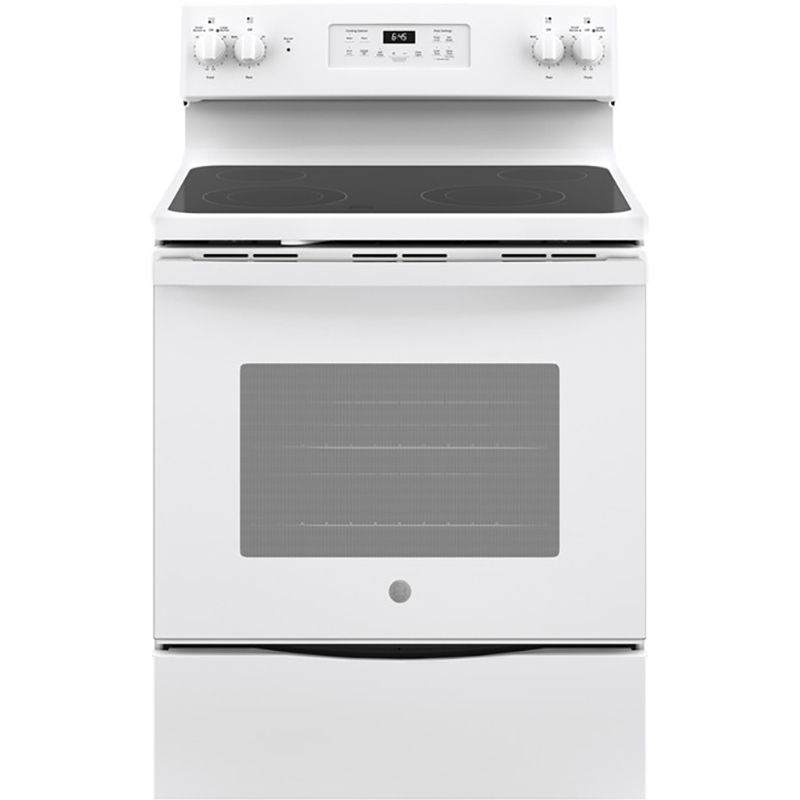 GE® 30" Free Standing 5 Burner Glass Top Electric Range - White
